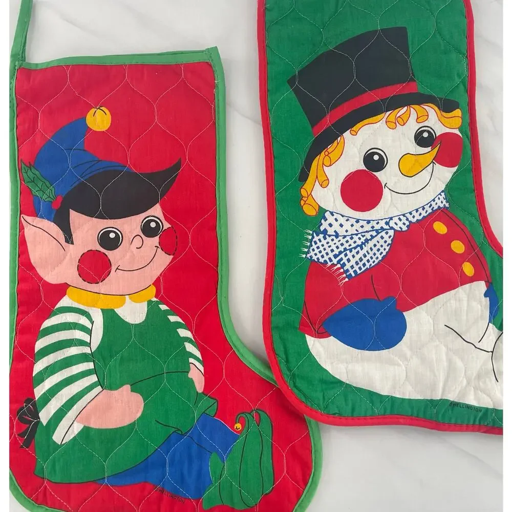 Set of 2 Vintage Quilted Christmas Stockings - Retro Elf & Snowman